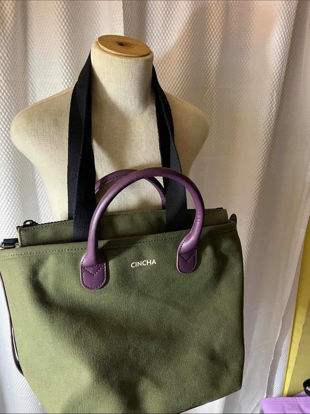 Cincha Olive convertible Canvas Satchel w/Purple Leather Handles & Black Strap - Picture 6 of 9